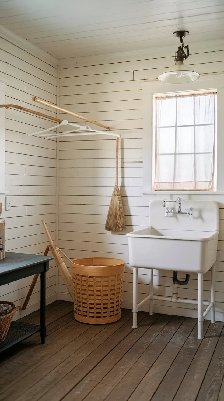 This charming laundry room is the epitome of farmhouse style. The shiplap walls and wooden floors create a warm and inviting atmosphere, while the farmhouse sink and practical storage solutions ensure functionality. A perfect blend of rustic aesthetics and efficient design, this space is both beautiful and functional.
