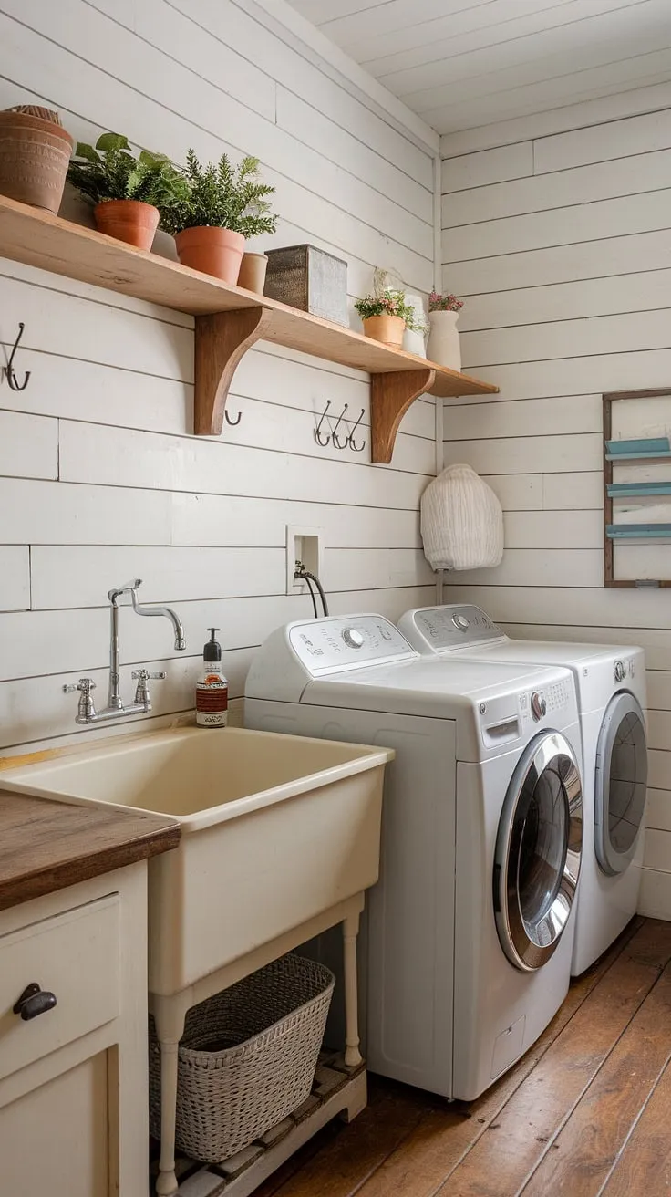 This rustic laundry room, complete with shiplap walls and a charming wooden shelf brimming with potted plants, is the epitome of country charm. The large farmhouse sink, washing machine, and dryer blend seamlessly into the space, creating a functional yet aesthetically pleasing haven. A perfect blend of practicality and style.