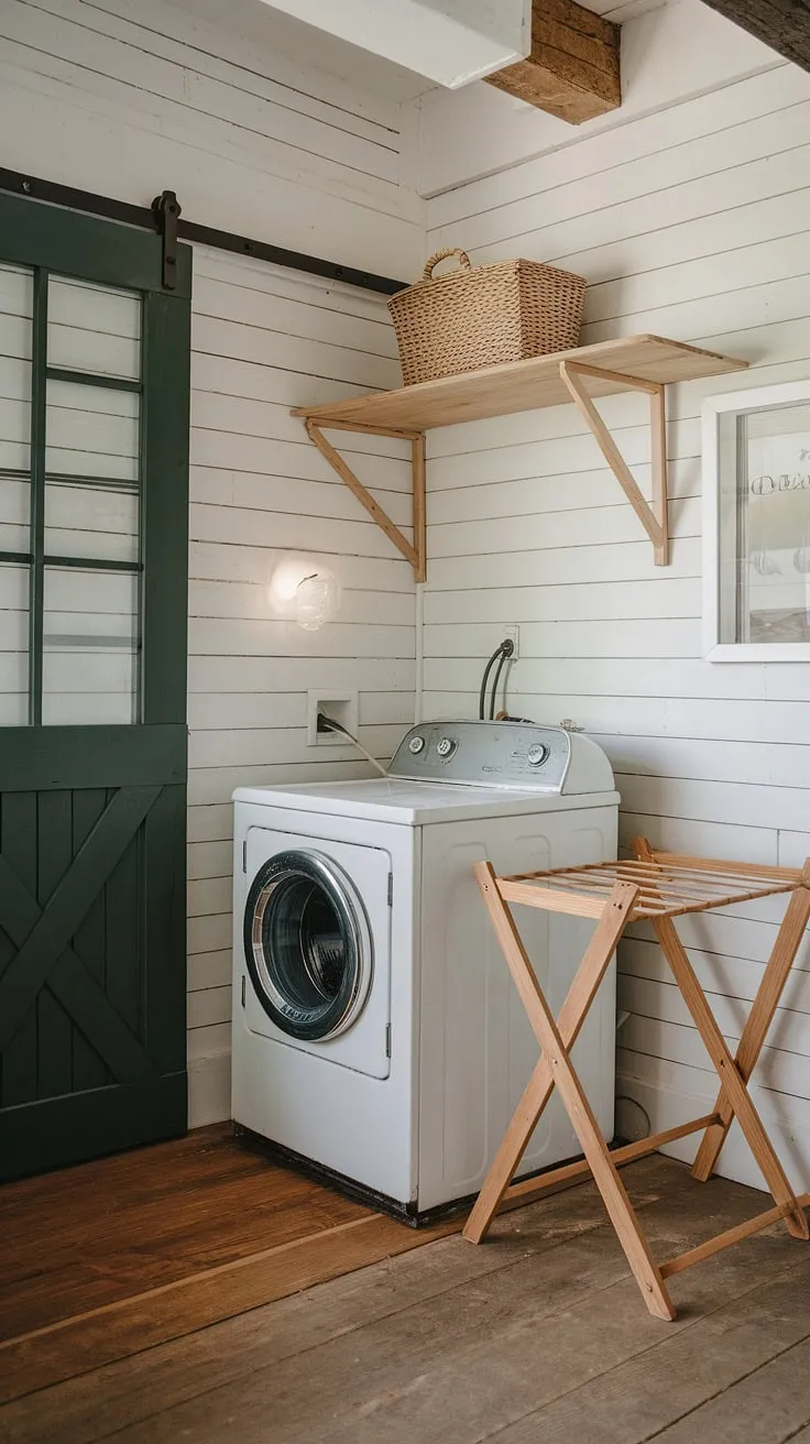 Step back in time in this charming laundry room, where the scent of freshly laundered linens mingles with the rustic charm of shiplap walls and a vintage washing machine. A simple wooden shelf holds a woven basket, adding to the cozy, country atmosphere. The dark green door adds a touch of unexpected elegance to this perfectly imperfect space.