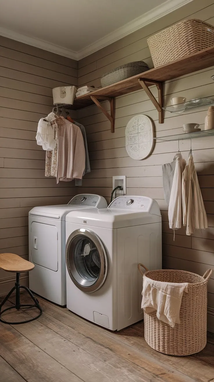 Warmth and practicality blend seamlessly in this charming laundry room. The aged wood floors and shiplap walls create a cozy atmosphere, while the vintage appliances and wooden drying rack offer a functional heart to the space. A quiet corner of the home, filled with the comforting rhythm of clean laundry.