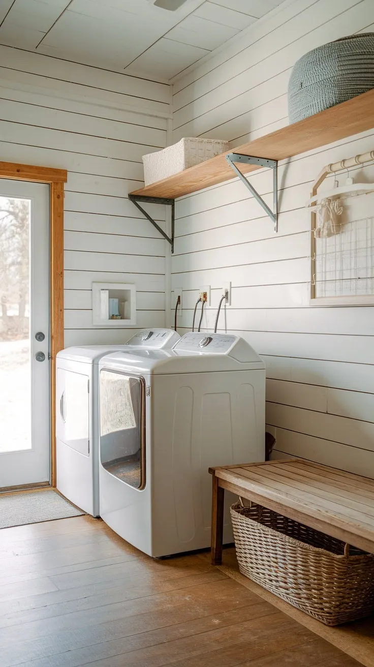 This rustic farmhouse laundry room, complete with shiplap walls and a charming wooden bench, makes even chores feel cozy. The added storage above the washer and dryer keeps everything organized, while the convenient door provides easy access to the outdoors. A perfect blend of practicality and style.