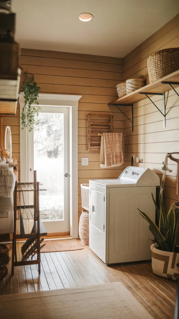 Step back in time in this charming laundry room, where the scent of freshly laundered clothes mingles with the earthy aroma of aged wood. The shiplap walls and vintage washing machine create a rustic haven, while the drying rack, wooden shelf, and potted plant add a touch of homey warmth. A door leads to the outdoors, promising a breath of fresh air after a day of chores.
