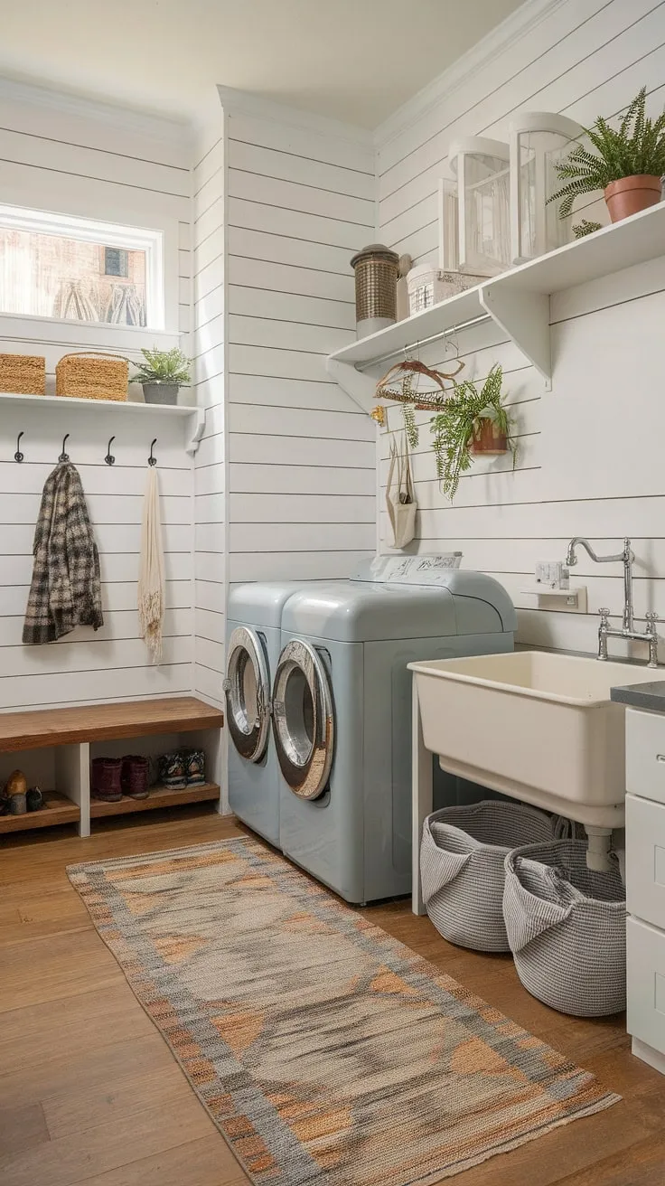 Step into a world of rustic charm and practical elegance. This laundry room boasts shiplap walls, a farmhouse sink, and a vintage washing machine, creating a space that's as beautiful as it is functional. A drying rack, wooden bench, and a cozy mudroom area complete the picture, making this room a true heart of the home. A space where functionality meets style.