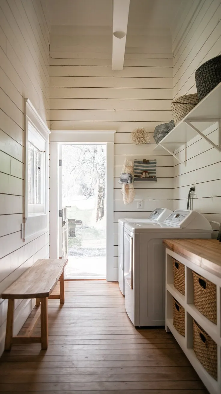 Sunlight streams into this charming laundry room, highlighting the shiplap walls and rustic wooden floors. A perfect blend of farmhouse style and practical function, complete with ample storage and a cozy bench for folding. This space proves that even utilitarian areas can be brimming with character.