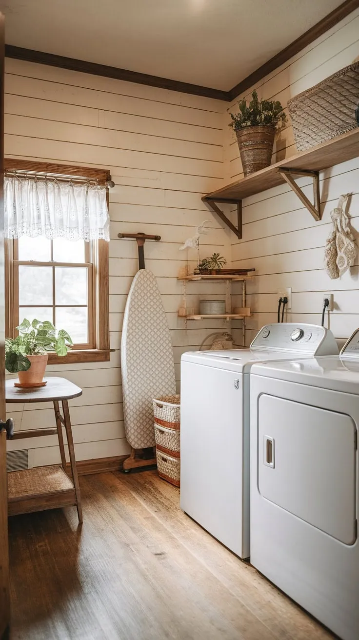 Sunlight streams into this inviting laundry room, highlighting the shiplap walls and the comforting country charm. A simple wooden shelf, a potted plant, and a vintage ironing board add character, transforming a utilitarian space into a welcoming haven.