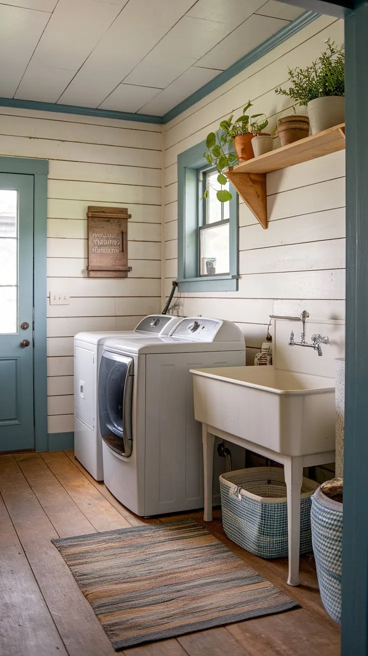 This rustic laundry room, with its shiplap walls and farmhouse sink, is the epitome of charming functionality. The warm wood floors and vintage details create a space that's as inviting as it is practical. A perfect blend of old-world charm and modern convenience.