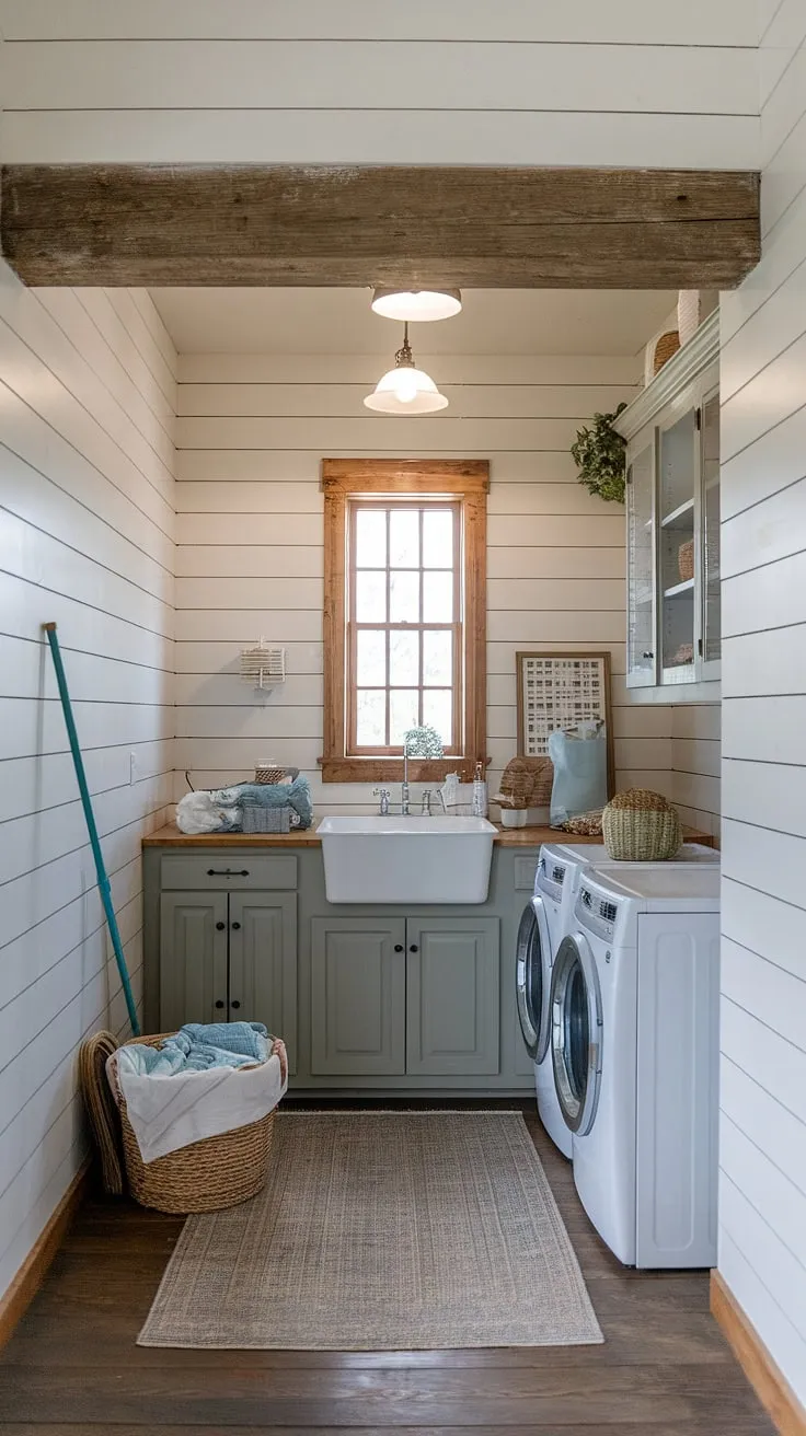 This rustic laundry room, with its shiplap walls and charming farmhouse sink, is the epitome of cozy functionality. The wooden beam overhead and warm lighting create a space that's as inviting as it is practical. A perfect blend of style and practicality.