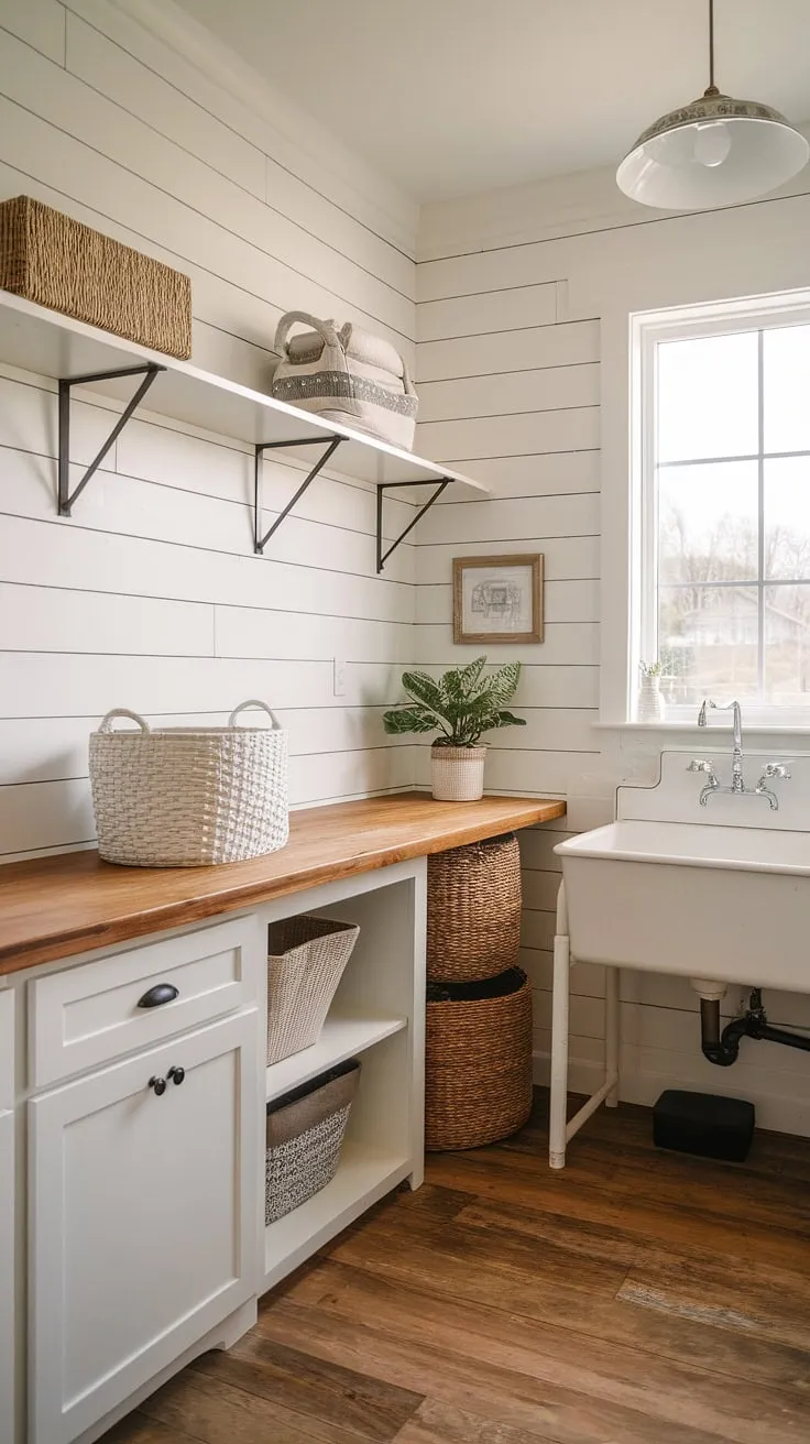Sunlight streams into this dreamy laundry room, highlighting the rustic charm of shiplap walls, a vintage sink, and ample wooden storage. A perfect blend of practicality and farmhouse style makes this space a true haven.