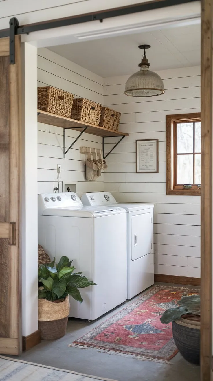 This rustic farmhouse laundry room is the epitome of cozy functionality. Shiplap walls and a charming wooden door add character, while the practical wooden shelf and nearby mudroom entry ensure effortless organization. The vintage light fixture and potted plant complete the inviting ambiance, transforming a chore into a peaceful retreat.