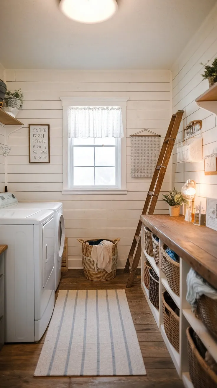 This rustic farmhouse laundry room, with its shiplap walls and warm wooden floors, is the epitome of cozy functionality. The wooden countertop provides ample space for folding, while the storage baskets keep everything organized. A simple yet charming space where even laundry day feels a little less like a chore.