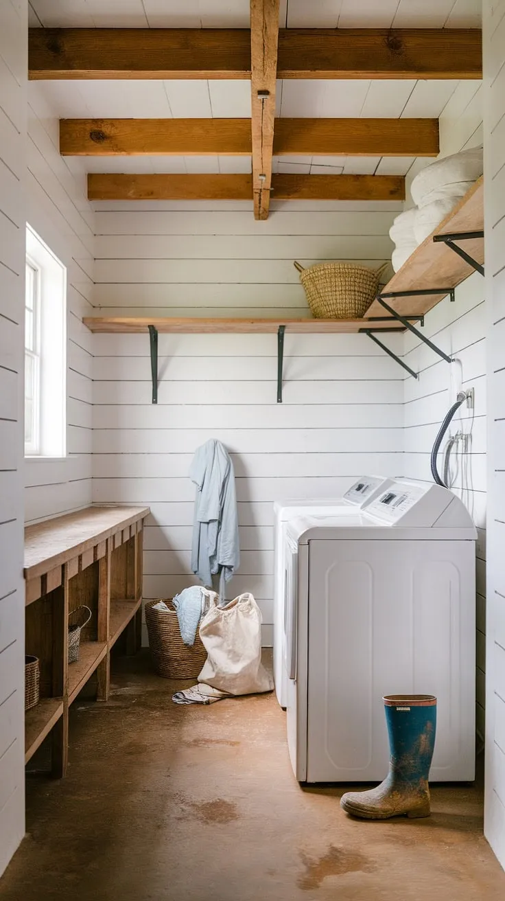 This isn't your average laundry room. The exposed wooden beams and shiplap walls create a charming backdrop for the everyday chore of laundry. A glimpse of the outside world through the window, combined with the practical elements like the washing machine and dryer, and the a comforting presence of a simple wooden shelf and basket, makes this space feel both functional and inviting. The casually strewn clothes and muddy boot tell a story of a busy, happy life lived within these walls.