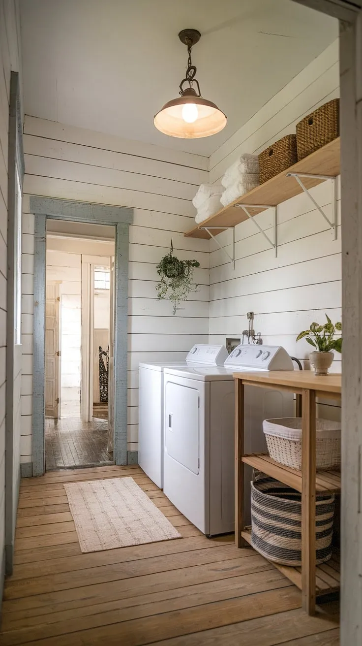 This charming laundry room, with its shiplap walls and aged wood floors, is the epitome of rustic elegance. The vintage light fixture casts a warm glow, illuminating the washer and dryer nestled amongst the wooden shelves and laundry basket. A small passageway leads to another room, promising further exploration of this delightful country home.