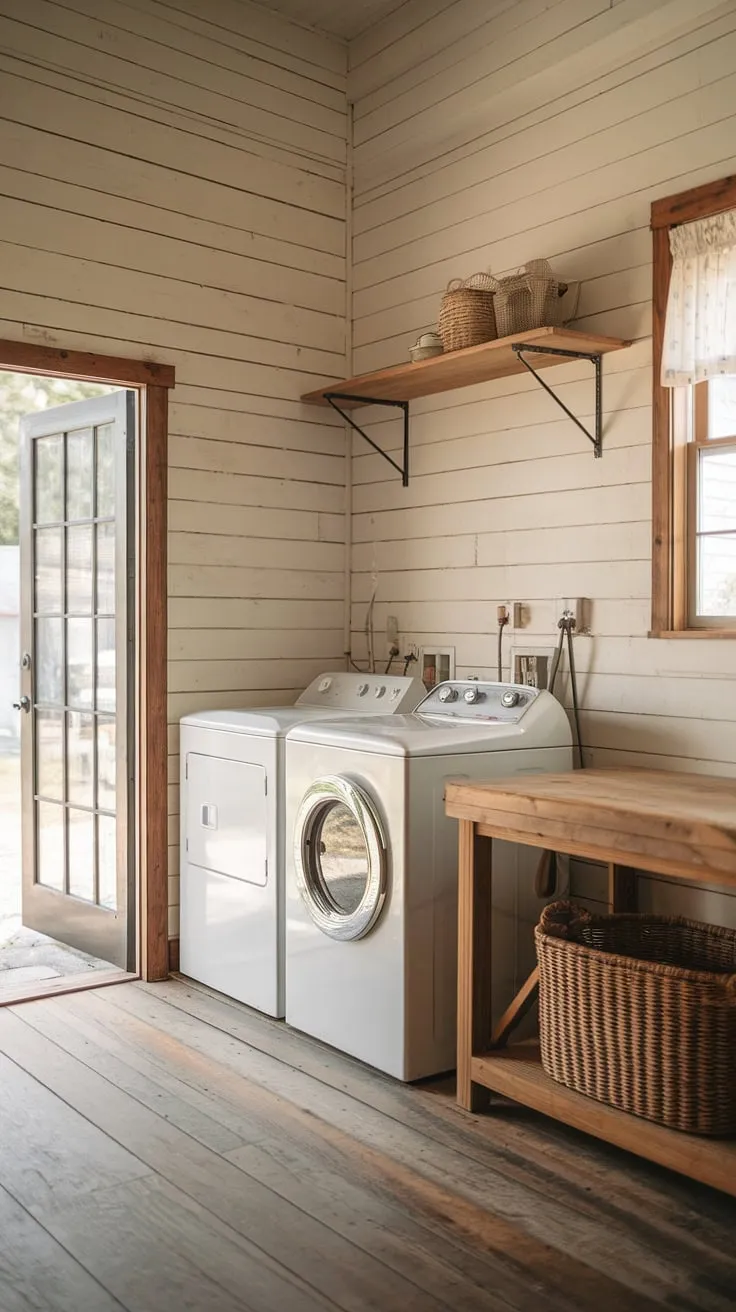 This rustic laundry room, with its shiplap walls and vintage washing machine, is the epitome of cozy charm. The warm wood tones and natural light create a space that feels both functional and inviting, a true haven for chores. A perfect blend of old-world charm and modern convenience.