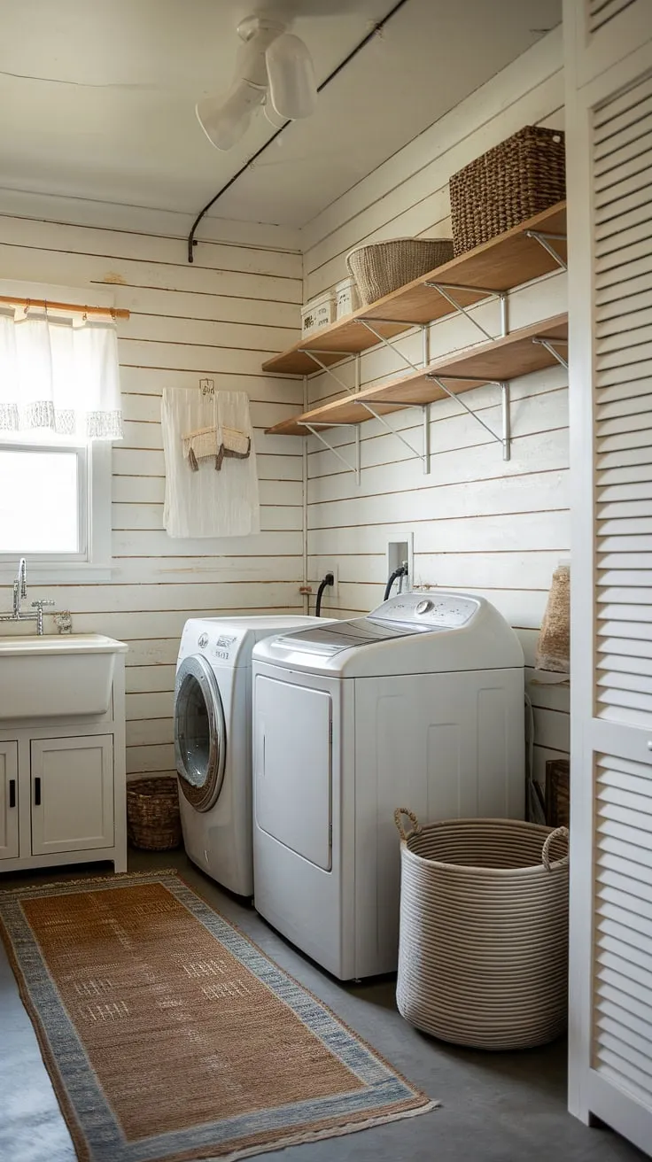 Clean lines and rustic charm meet in this delightful laundry room. The shiplap walls add a touch of farmhouse elegance, while the practical wooden shelves and ample storage ensure everything has its place. A true haven of domestic bliss.
