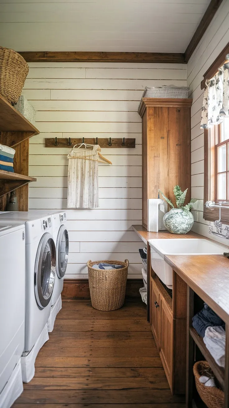 This rustic laundry room, with its shiplap walls and farmhouse charm, is the epitome of cozy functionality. The wooden counter, ample storage, and convenient drying rod make laundry day a little less of a chore. A perfect blend of style and practicality.