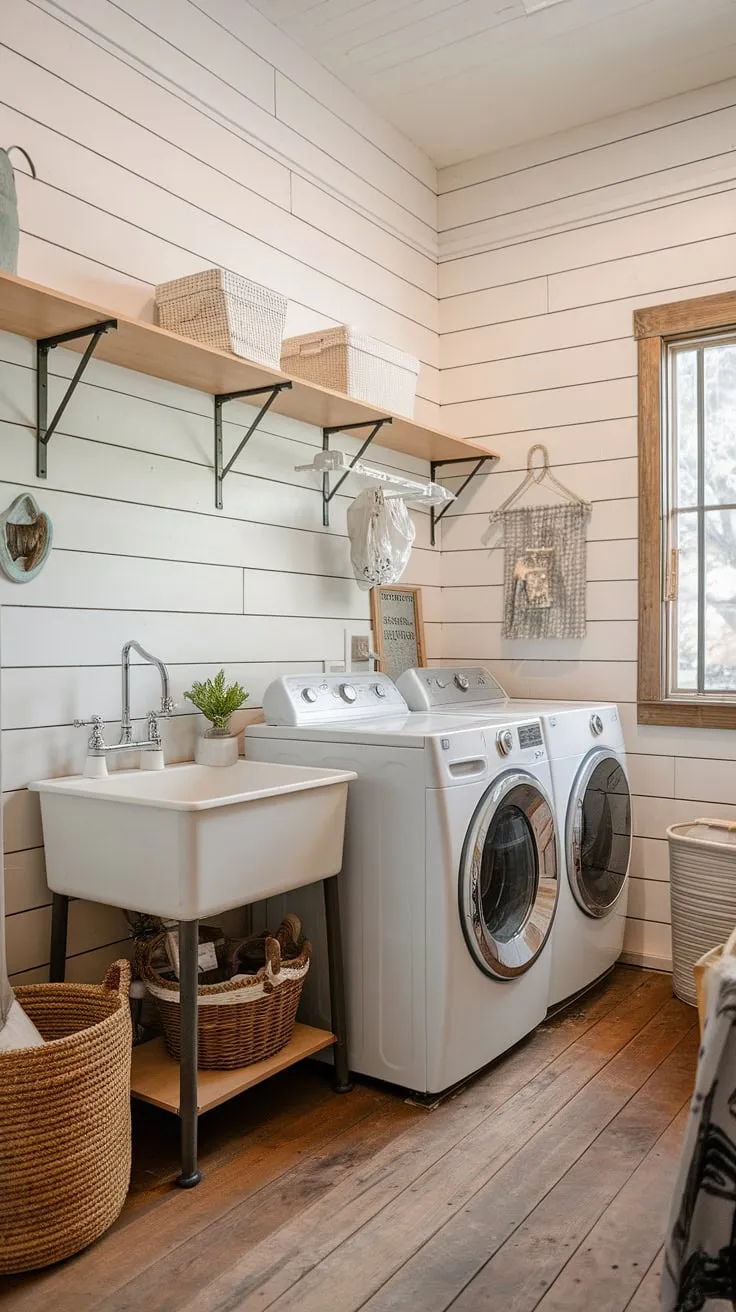 This rustic laundry room, with its shiplap walls and charming wooden floors, is the epitome of farmhouse style. The added shelves provide ample storage, making laundry day a little less daunting. A true haven of practicality and charm.