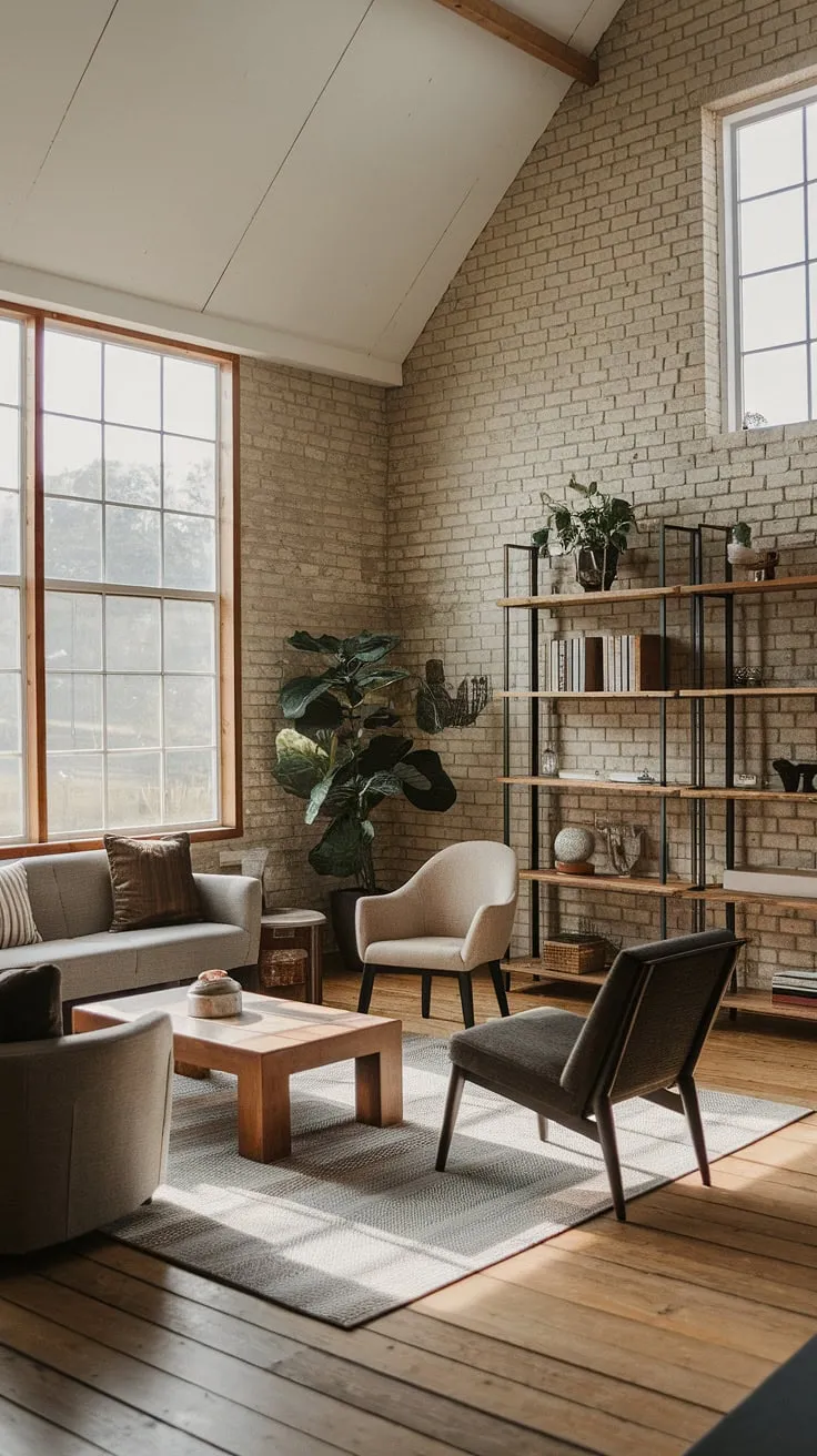 Sunlight streams through the expansive windows of this barn house living room, illuminating the exposed brick walls and rustic charm. The comfortable seating arrangement, complete with a cozy sofa and inviting armchairs, creates a perfect space for relaxation and conversation. A touch of modern elegance is added with carefully chosen décor and a thoughtfully curated bookshelf.