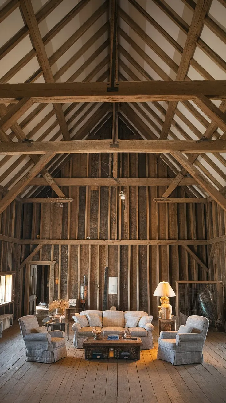 The exposed beams and rustic charm of this barn house living room create a space that's both cozy and grand. The warm lighting and comfortable seating invite you to relax and unwind, a perfect sanctuary after a long day. A sense of history and handcrafted detail permeates every corner, making it a truly unique and inviting home.