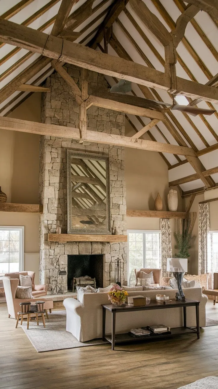 This barn house living room is a sanctuary of warmth and character. The high ceilings and exposed wooden beams create a sense of spaciousness, while the stone fireplace adds a touch of rugged elegance. The comfortable furnishings and thoughtful décor complete the picture, making it the ideal space for relaxation and connection. A true haven of peace and tranquility.