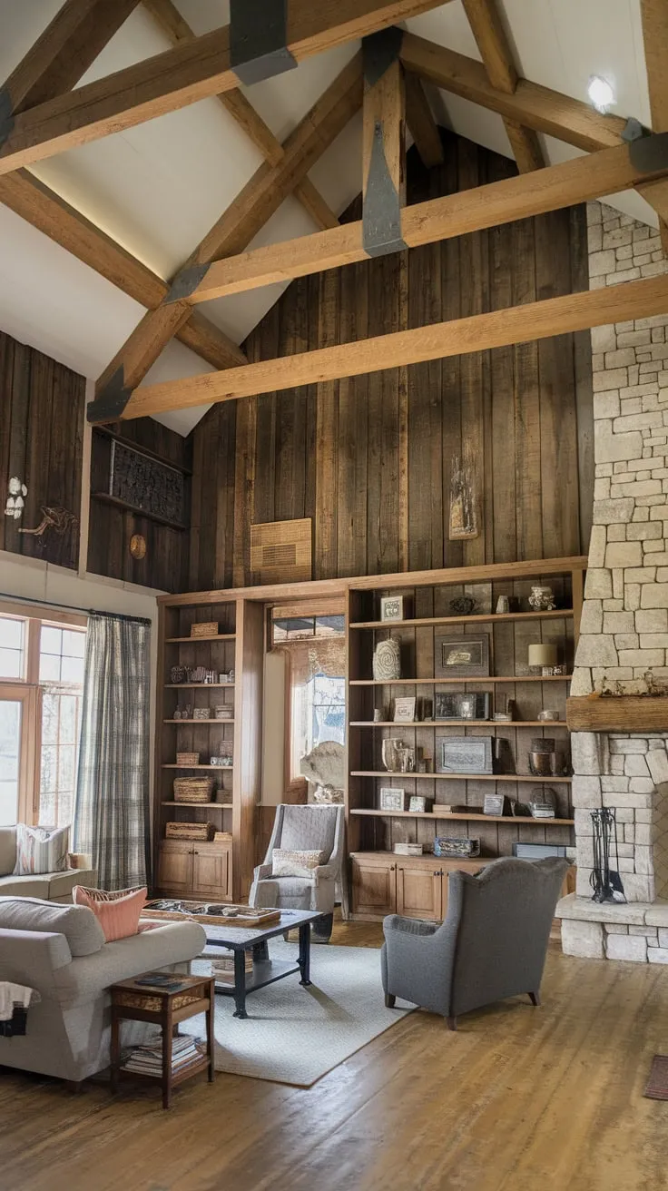 Rustic charm meets modern comfort in this barn house living room. The soaring ceilings and exposed beams create a breathtaking atmosphere, while the stone fireplace and cozy furnishings offer a warm and inviting space to relax and unwind. A perfect blend of old-world character and contemporary style.