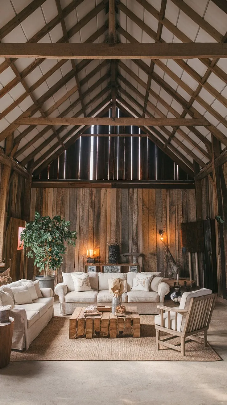 Rustic charm meets modern comfort in this barn house living room. The exposed beams and plank walls create a warm, inviting atmosphere, perfectly complemented by the cozy sofa and thoughtfully chosen décor. A testament to the beauty of blending old and new.