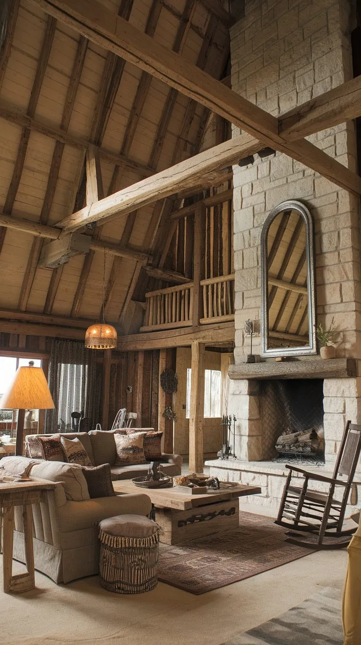 Rustic charm meets modern comfort in this barn house living room. The soaring ceilings, exposed beams, and stone fireplace create a warm and inviting atmosphere, perfectly complemented by the cozy sofa and rocking chair. A touch of western flair adds to the unique character of this space.