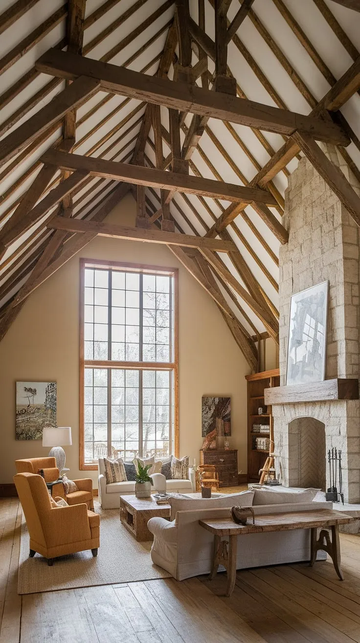Rustic charm meets modern comfort in this barn house living room. The soaring ceilings, exposed beams, and stone fireplace create a breathtaking ambiance, while the plush sofa and warm lighting offer a cozy retreat. A perfect blend of raw texture and inviting warmth.