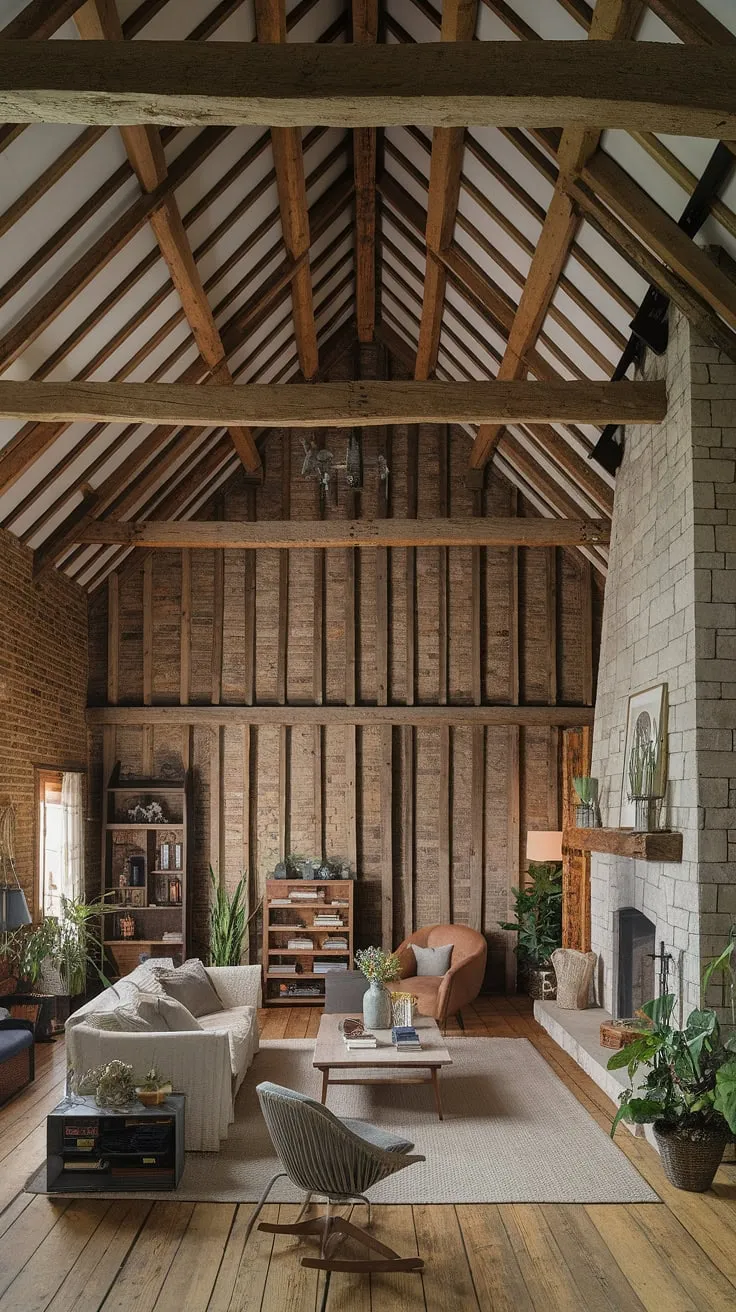 Rustic charm meets modern comfort in this barn house living room. The exposed brick, wooden beams, and stone fireplace create a warm and inviting atmosphere, perfectly complemented by the thoughtfully chosen furniture and lush greenery. A true testament to the beauty of blending old-world character with contemporary style. A cozy haven where memories are made.