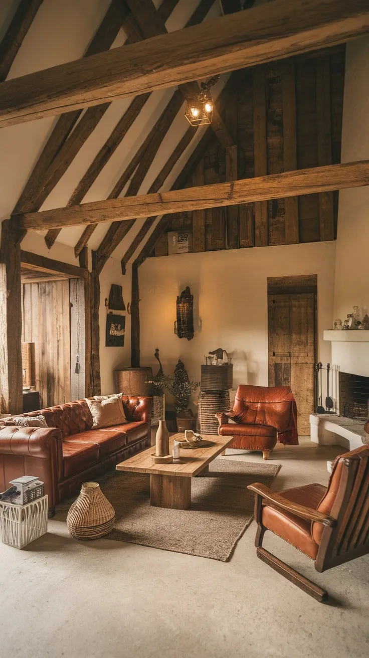 Rustic charm meets modern comfort in this barn house living room. The exposed wood beams and stone fireplace create a warm and inviting atmosphere, perfectly complemented by the plush leather sofa and cozy seating area. A testament to the beauty of blending old-world character with contemporary style.