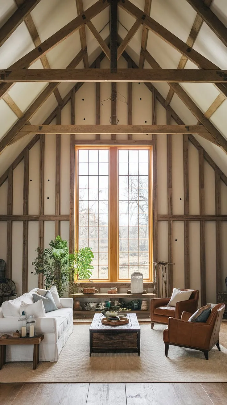 The raw beauty of this barn house living room is undeniable. Exposed beams and aged wood floors tell a story of time and craftsmanship. A comfortable seating area, bathed in sunlight streaming through the large window, offers a peaceful retreat. The addition of greenery and carefully selected décor pieces, such as a rustic lantern and wooden box, adds a touch of elegance to the otherwise rugged aesthetic. This space is a testament to the enduring appeal of rustic design.