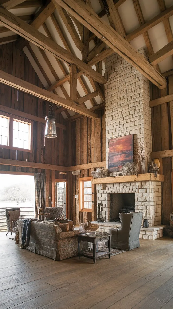 This barn house living room is a testament to the beauty of reclaimed materials and thoughtful design. The high ceilings and exposed wooden beams create a sense of grandeur, while the stone fireplace and carefully chosen furnishings add warmth and character. A truly unforgettable space.