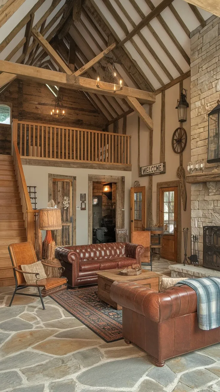 This breathtaking barn house living room seamlessly blends rustic elegance with comfortable living. The high ceilings, stone floors, and antique accents create a space that's both captivating and inviting. A perfect example of how history and modern design can coexist beautifully.