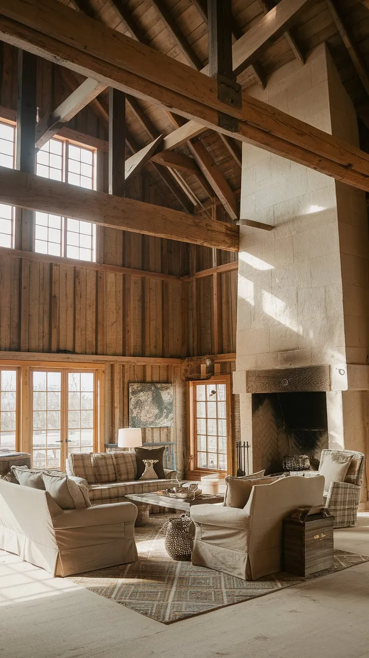 Rustic charm meets modern comfort in this barn house living room. The soaring ceilings, exposed beams, and massive stone fireplace create a breathtaking backdrop for cozy evenings spent by the fire, while the soft beige furnishings and geometric rug add a touch of understated elegance. A perfect blend of warmth and sophistication.