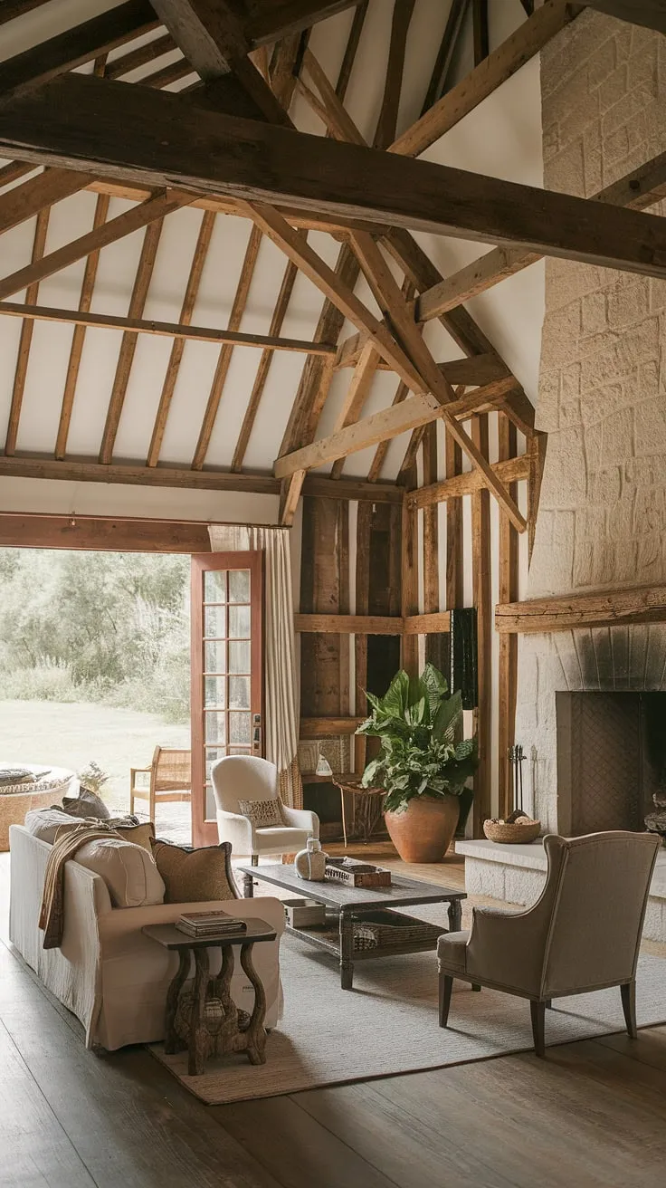 The warmth of the wood, the rugged texture of the stone fireplace, and the inviting glow of the lighting all contribute to the unparalleled atmosphere of this barn house living room. The high ceilings and exposed beams create a sense of grandeur, while the comfortable furniture and thoughtful touches, like the large potted plant, make it feel incredibly cozy and welcoming. It's a space designed for relaxation and connection, a true sanctuary from the everyday.