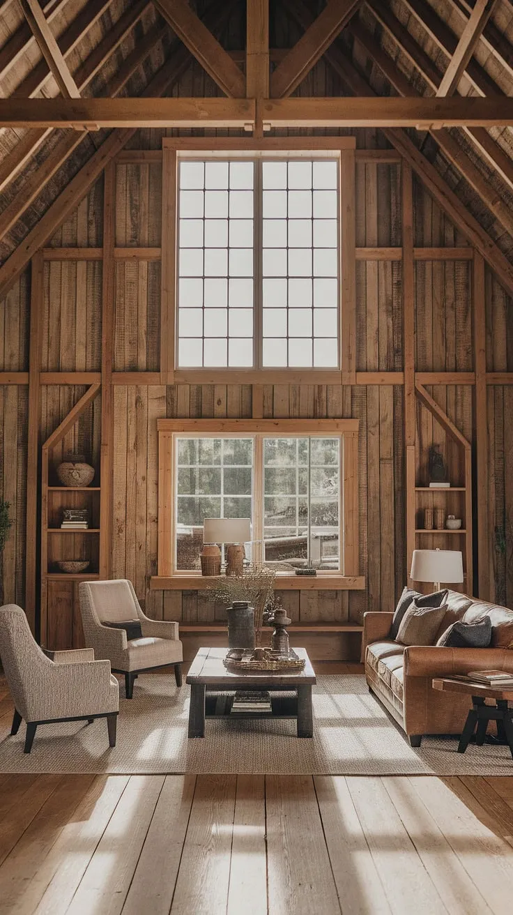 This stunning barn house living room seamlessly blends rustic textures with a modern aesthetic. The expansive window, framed by weathered wooden beams, floods the space with natural light, highlighting the rich wood tones and comfortable seating area. A testament to the beauty of blending old and new.