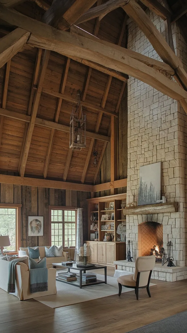 Rustic charm meets modern comfort in this barn house living room. The soaring ceilings and exposed beams create a sense of warmth and spaciousness, perfectly complemented by the inviting stone fireplace and cozy furnishings. A perfect blend of old-world craftsmanship and contemporary style.