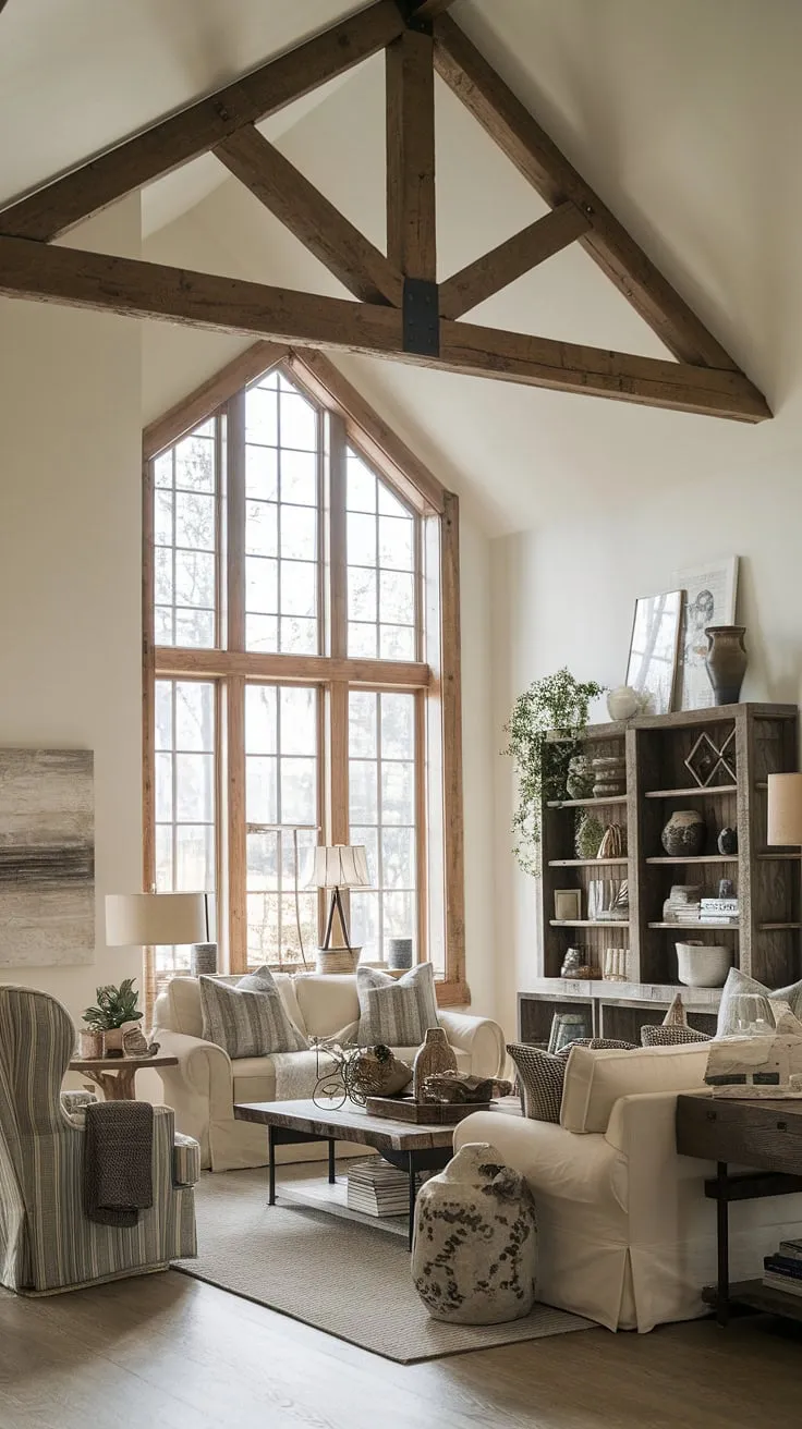Sunlight streams through the large windows of this rustic living room, illuminating the exposed wooden beams and creating a warm, inviting atmosphere. The comfortable seating arrangement, complete with a cozy sofa and armchair, is perfect for relaxing evenings spent with loved ones. A thoughtfully curated collection of personal items adds character and warmth, making this space feel truly like home. This is the epitome of comfortable, rustic living.