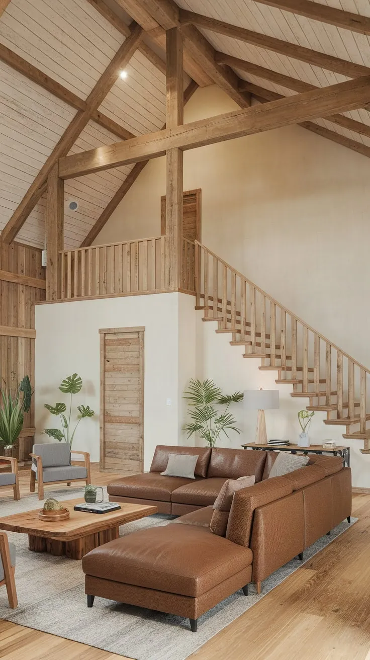 The high ceilings and raw wooden elements of this barn conversion create a breathtaking backdrop for this relaxed living space. A comfortable sofa and simple wooden furniture add a touch of modern elegance, while the strategically placed plants bring a life and vibrancy to the room. A sanctuary of peace and tranquility.