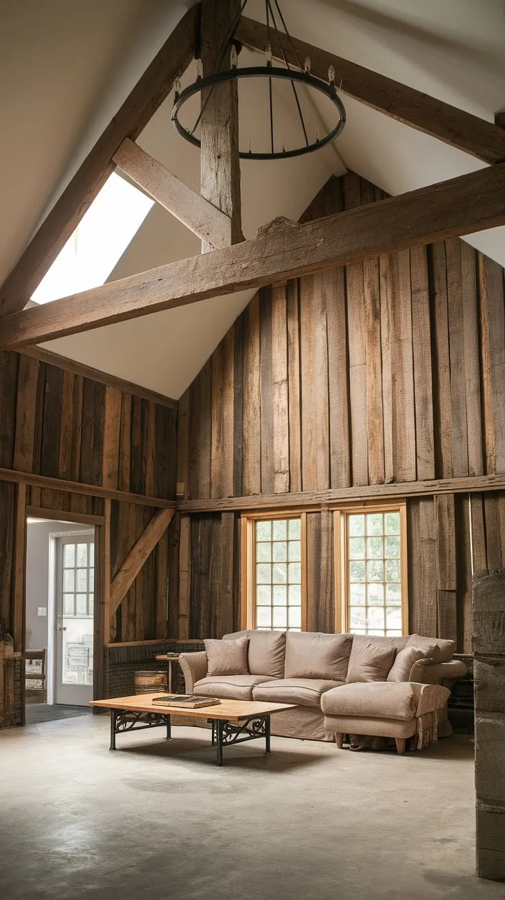 This rustic living room, with its exposed wooden beams and high ceilings, is the epitome of relaxed elegance. The large, comfortable sofa invites you to unwind, while the natural light and unique architectural details create a space that's both inviting and breathtaking. A perfect sanctuary.