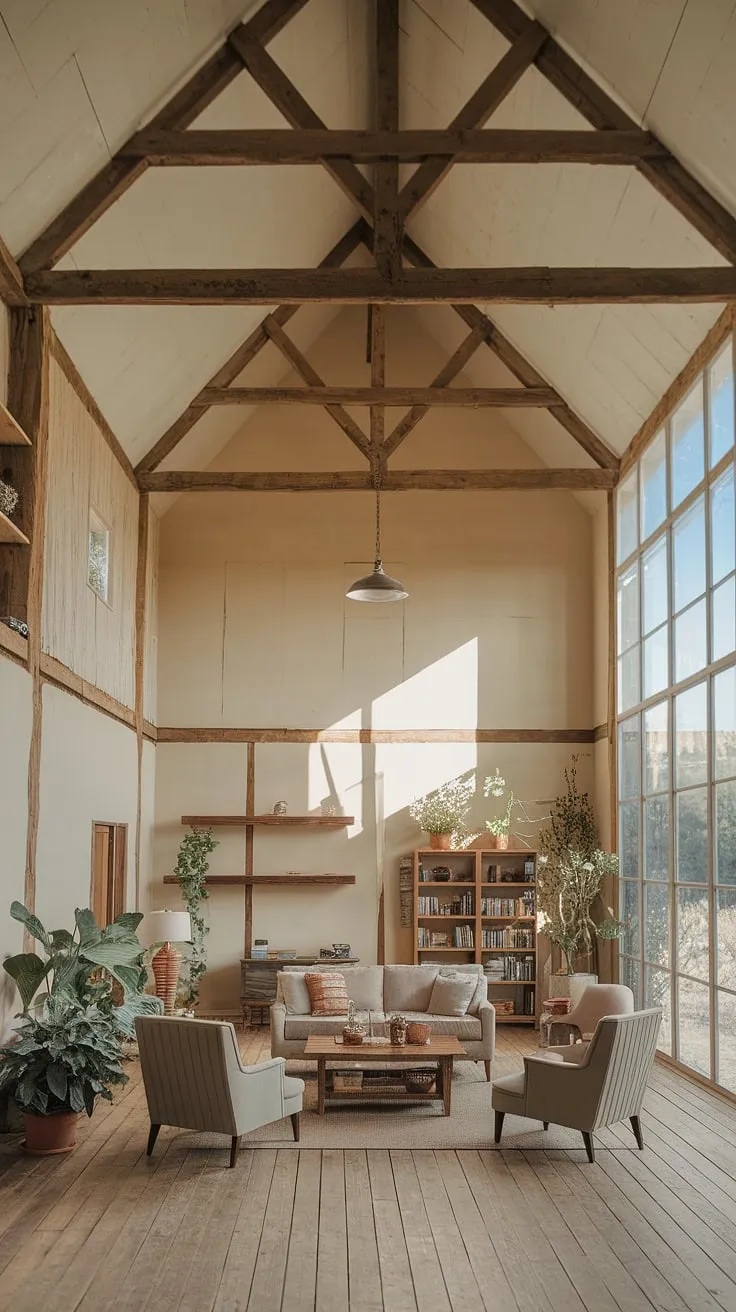 Sunlight streams through the expansive windows of this rustic barn house living room, illuminating the exposed wooden beams and creating a warm, inviting atmosphere. The cozy seating arrangement, complete with a bookshelf and potted plants, perfectly complements the handcrafted charm of the space. A testament to the beauty of reclaimed materials and thoughtful design.