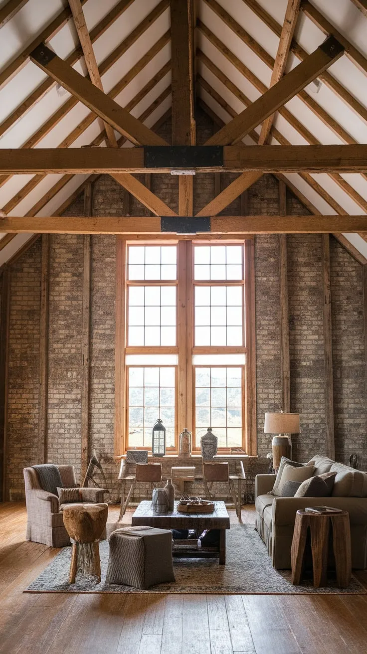 Rustic charm meets modern comfort in this barn house living room. The exposed brick, massive wooden beams, and large windows create a breathtaking space, perfectly balanced with cozy furnishings and warm lighting. A perfect blend of old-world character and contemporary style.