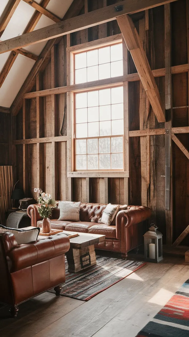 Rustic charm meets modern comfort in this barn house living room. The exposed beams and wood walls create a warm, inviting atmosphere, perfectly complemented by the leather sofa and handcrafted coffee table. A large window floods the space with natural light, showcasing the stunning views and creating a tranquil retreat.