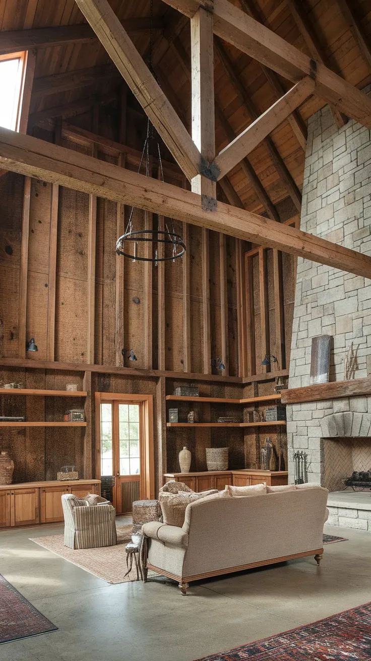 Sunlight streams through the high, beamed ceiling of this rustic barn house living room, illuminating the exposed wood and stone fireplace. The comfortable sofa and thoughtfully placed wooden shelves create a space that's both inviting and undeniably charming. A perfect blend of rugged and refined.