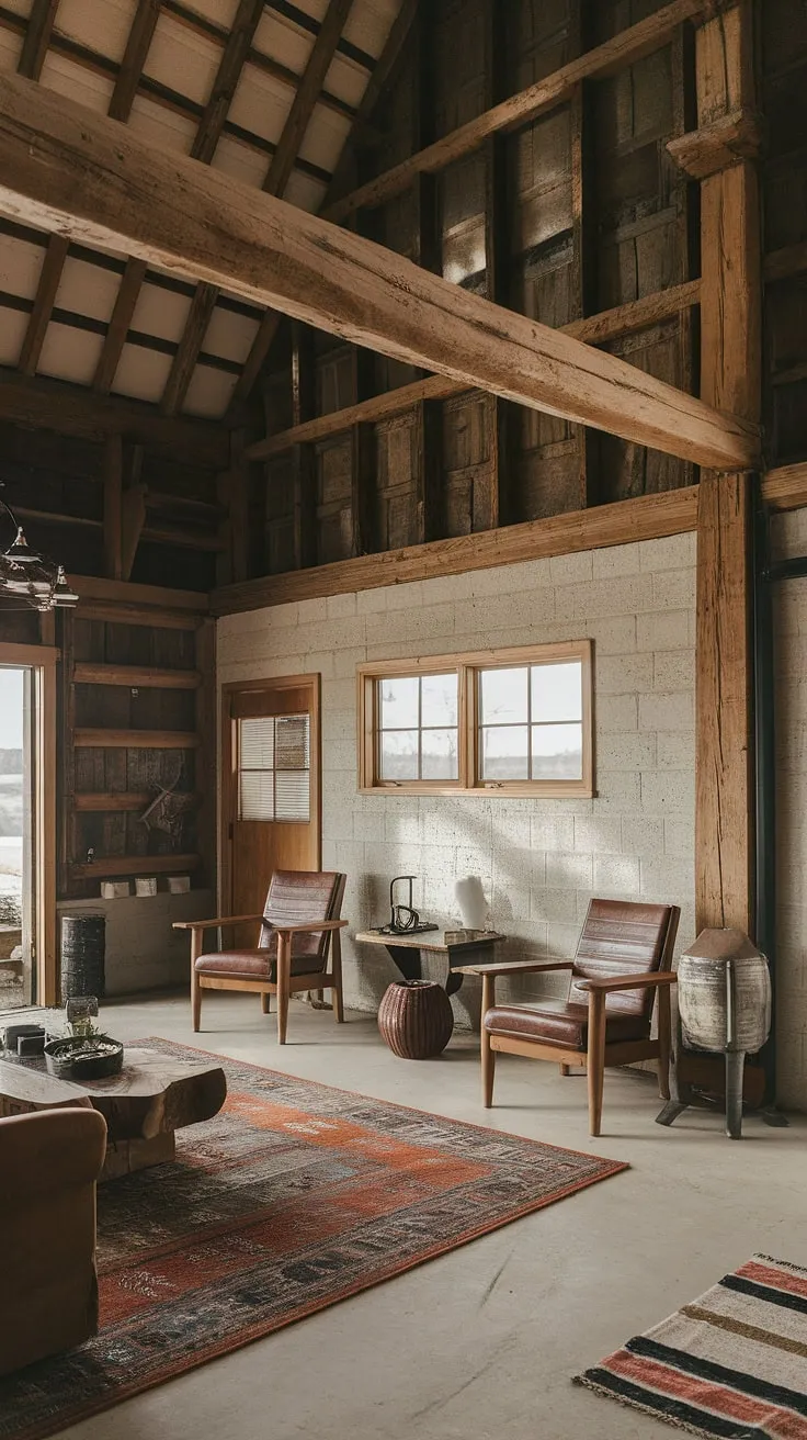 This renovated barn boasts a living space that's both breathtaking and inviting. The blend of raw, exposed brick and rich wood creates a unique ambiance, while the carefully chosen furniture and area rug add a touch of modern elegance. A perfect example of how rustic design can be both stylish and comfortable.