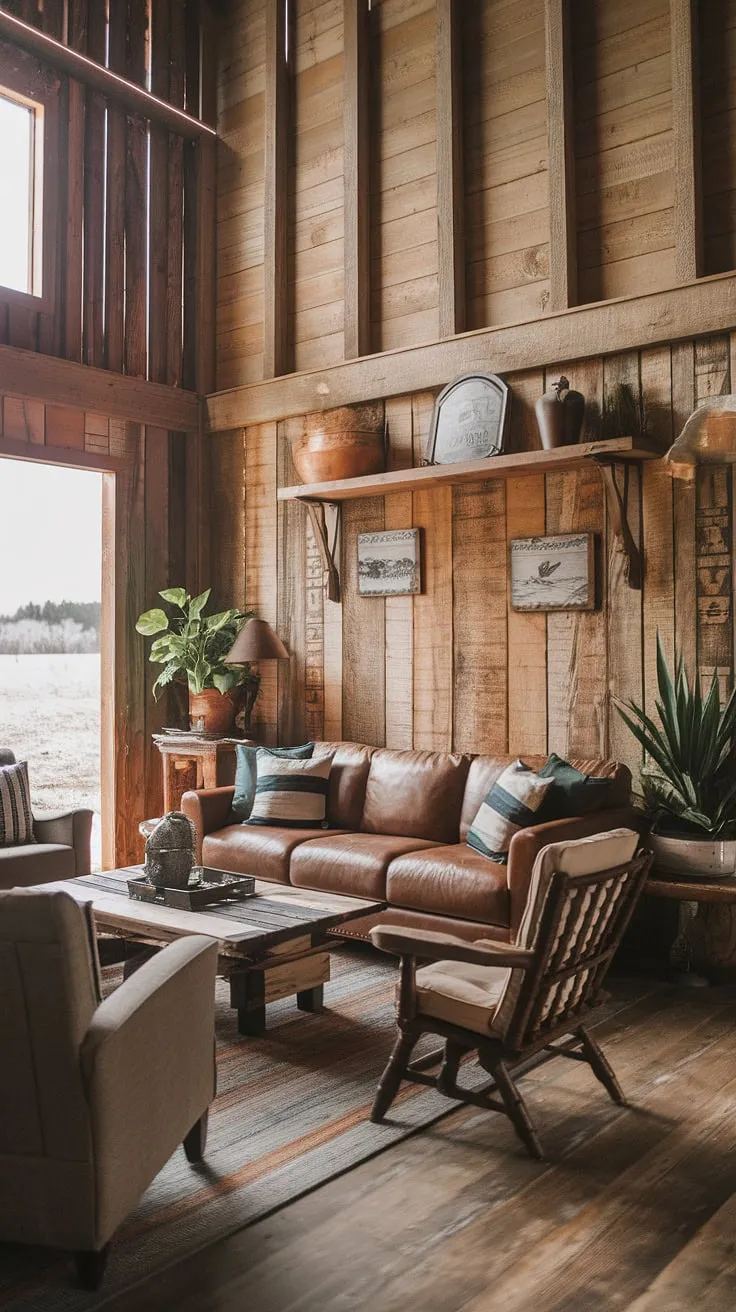 Step into a world of rustic elegance. This barn house living room, with its exposed wood beams and inviting furniture, offers a sanctuary of warmth and comfort. A collection of cherished plants and carefully chosen decor pieces add personality and character, creating a space that feels both lived-in and luxuriously inviting. A perfect blend of western and ranch aesthetics.