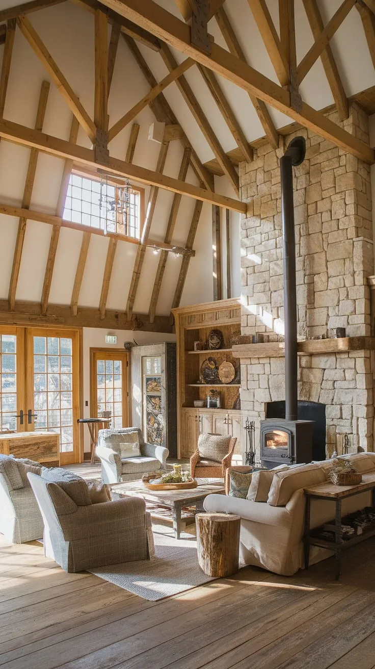 Sunlight streams through the high ceilings of this rustic haven, illuminating the exposed wooden beams and the warmth of the stone fireplace. A perfect blend of comfort and character, this barn house living room offers a tranquil escape. A cozy gathering space, a testament to timeless design, and a place where memories are made.