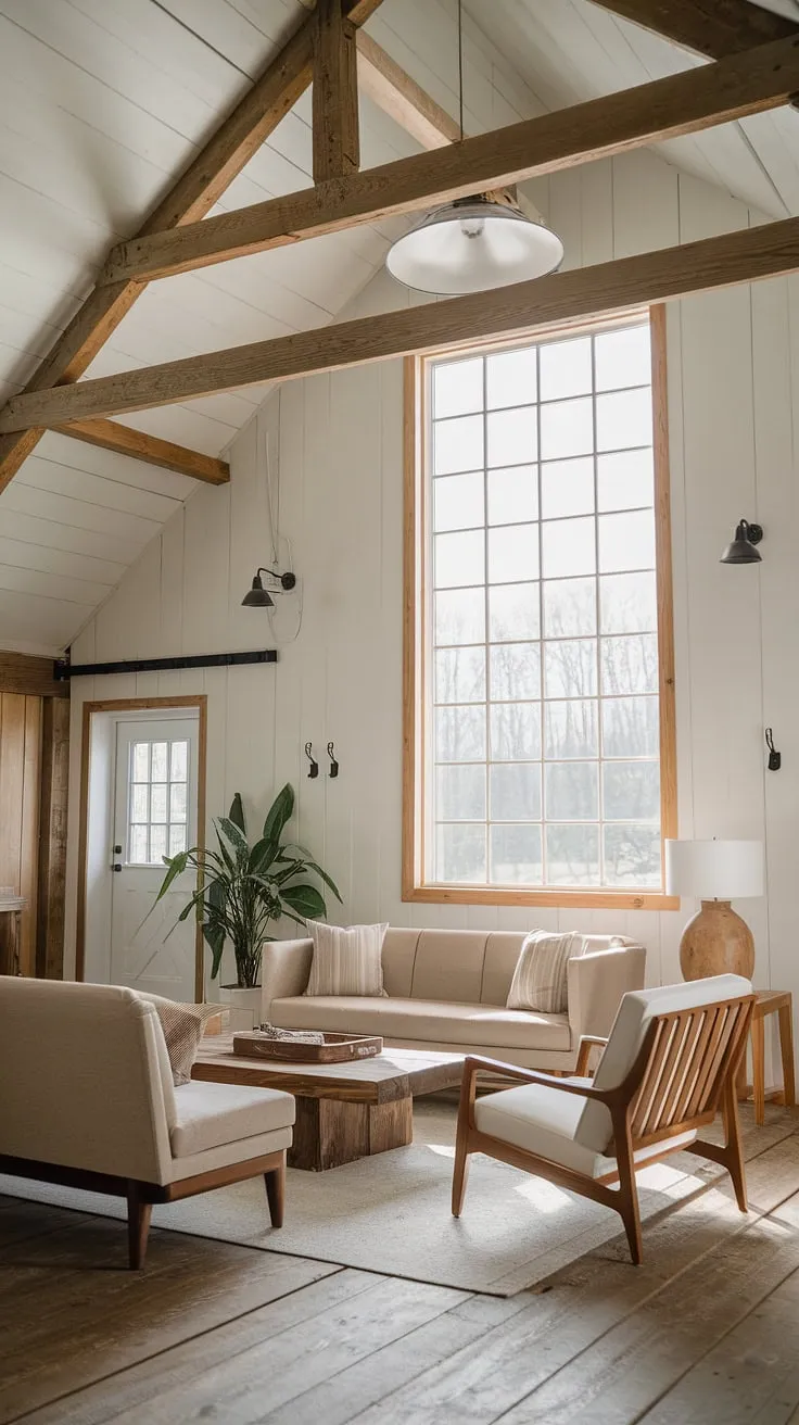 Rustic charm meets modern comfort in this barn house living room. The high ceilings and exposed beams create a sense of spaciousness, while the beige sofa and wooden accents add warmth and texture. A perfect blend of old and new, this space effortlessly balances a style and functionality.
