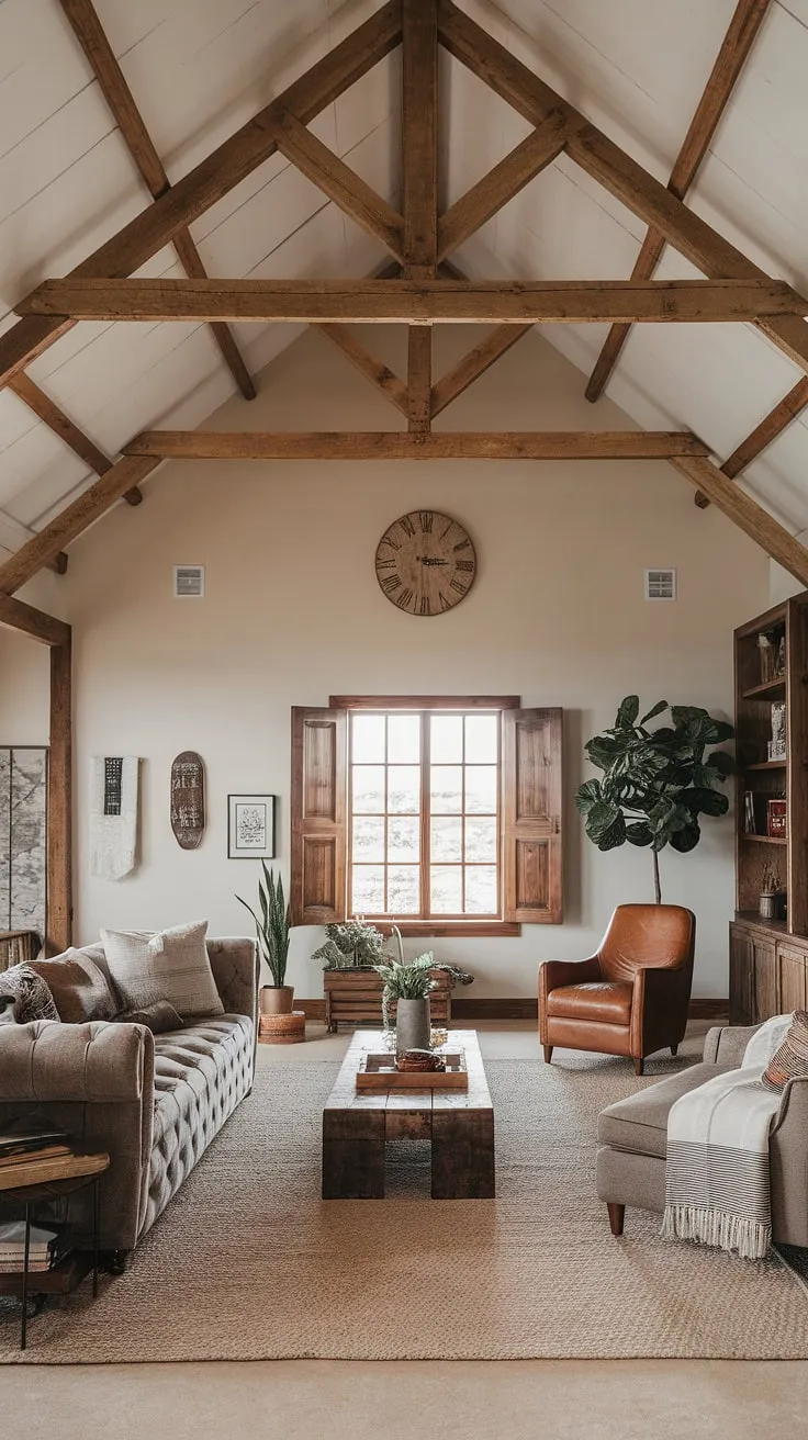 This stunning barn house living room effortlessly blends rustic elegance with contemporary style. The high ceilings and exposed wooden beams create a dramatic backdrop for the comfortable seating and thoughtfully curated décor. The natural light streaming through the wooden shutters enhances the overall feeling of warmth and tranquility, creating a truly inviting space.
