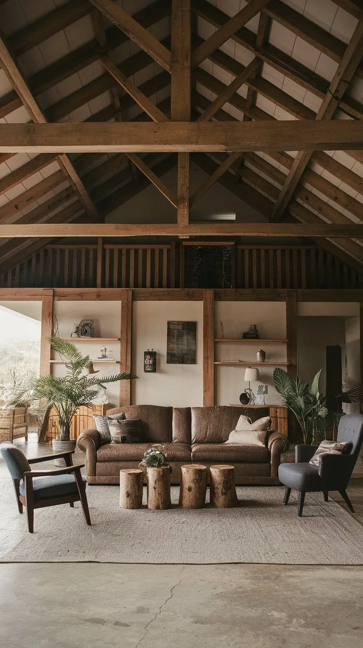 Rustic charm meets modern comfort in this barn house living room. The high ceilings and exposed beams create a sense of spaciousness, while the cozy sofa and log coffee table offer a warm and inviting atmosphere. A touch of greenery from potted plants adds life to the space, perfectly complementing the concrete floor and textured rug. The carefully curated artwork and shelving complete the look, creating a truly unique and inviting space.