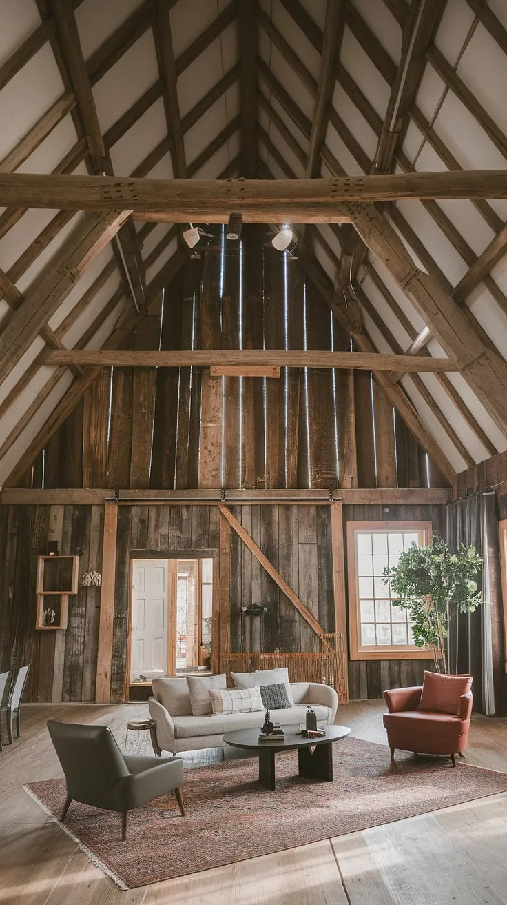 This converted barn boasts a breathtaking living space. High ceilings and substantial wooden beams define the room, while modern furnishings add a touch of contemporary elegance. The juxtaposition of textures and styles creates a truly unique and inviting atmosphere, a space where history and style seamlessly coexist.